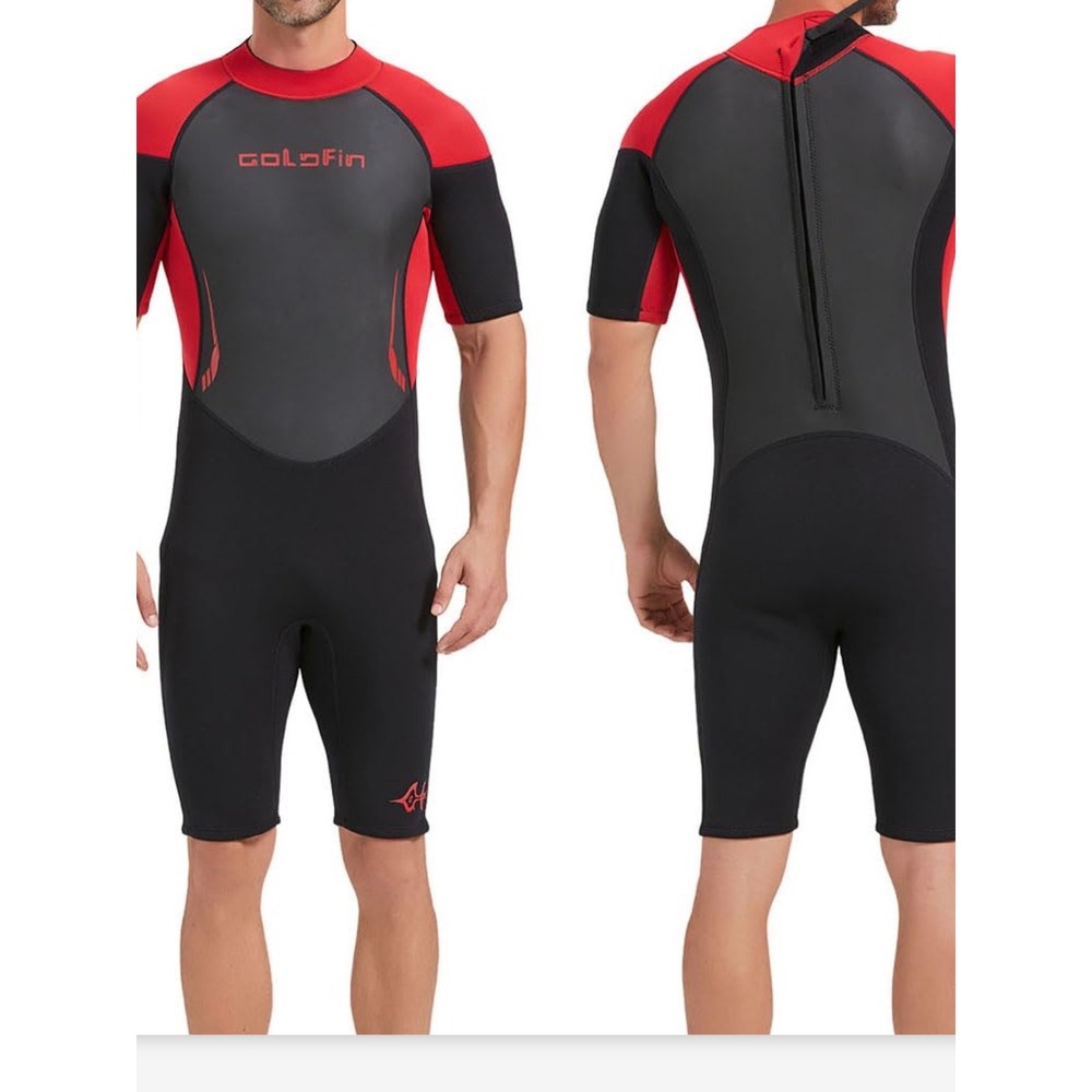 GoldFin Wetsuit Mens Small Black Red Excellent 3mm Shorty Back Zip Neoprene